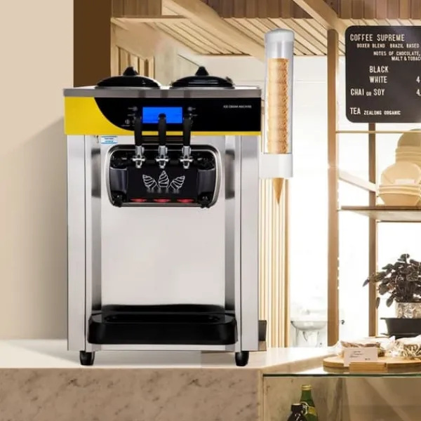 Ismaskine>Kommerciel ismaskine med kapacitet på 22-30L/H og 2200W. Leveres med 2x6L hopper, 2L cylinder, LCD-panel og alarm. Ideel til restaurant