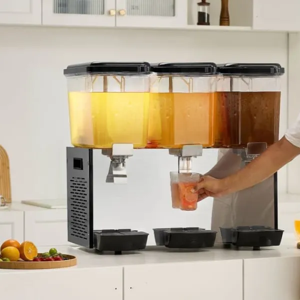 Drikkevareautomater>Kommerciel 18L drikkevaredispenser med 3 tanke, kold juice og isdrik, perfekt til caféer og events.