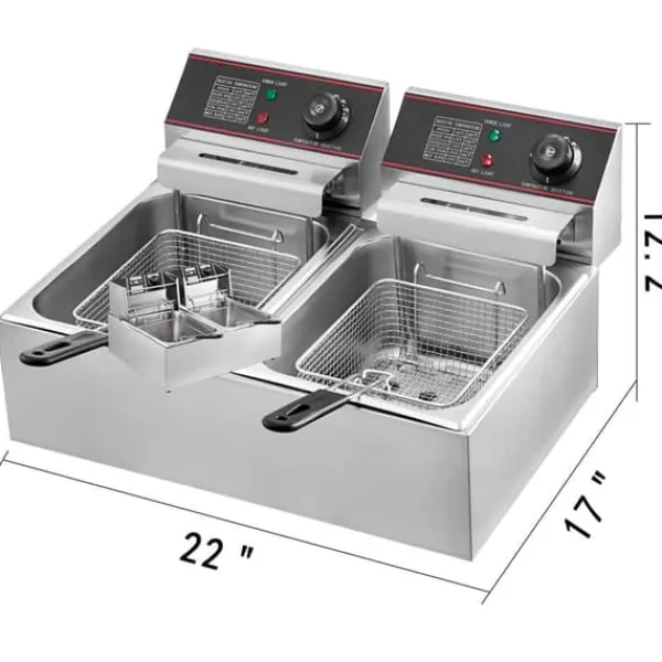 Fritøse>Kommerciel 12L elektrisk frituregryde 5000W med tvillingekurve og dobbelttank i rustfrit stål til professionelle køkkener.