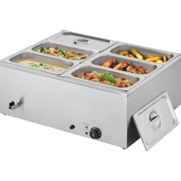 Kommerciel Madvarmer, 1500W Elektrisk Dampvarmer, Rustfrit Stål, 6-Pande, Bordbuffet Bain Marie Hot