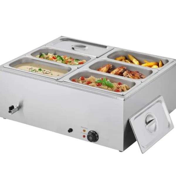 Kommerciel Madvarmer, 1500W Elektrisk Dampvarmer, Rustfrit Stål, 6-Pande, Bordbuffet Bain Marie Hot