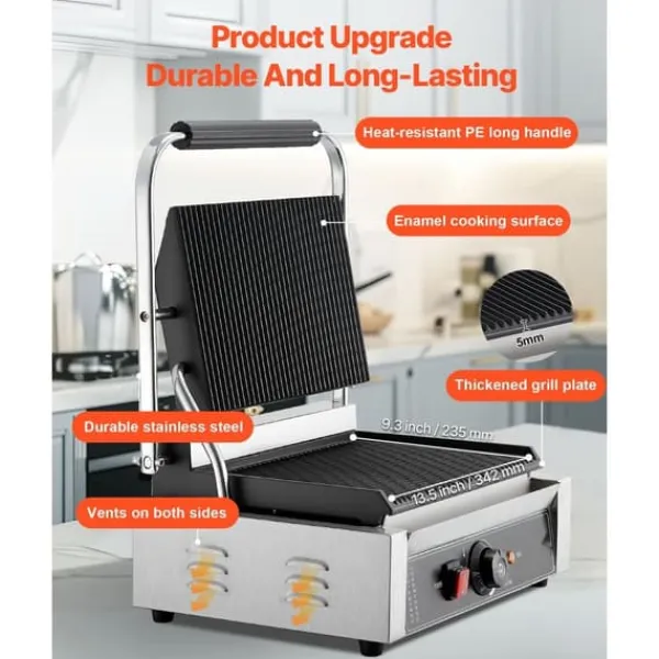 Kommerciel Panini Presse Grill, Sandwichmaker, 34x23 cm Stegeplade, Hurtig Opvarmning, Anti-Slip Fødder Discount