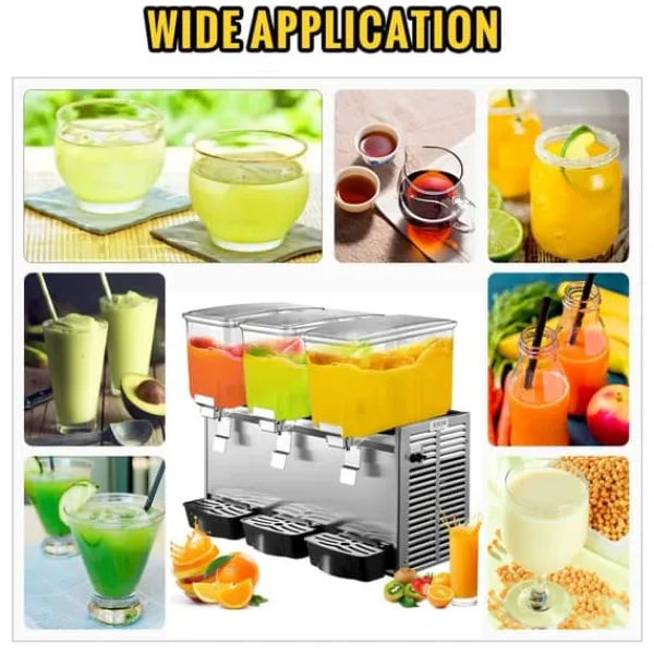 Kommerciel rustfri stål dispenser til kolde drikke med 3 tanke og termostat. Ideel til frugtjuice og iste – 9,6 gallon kapacitet.