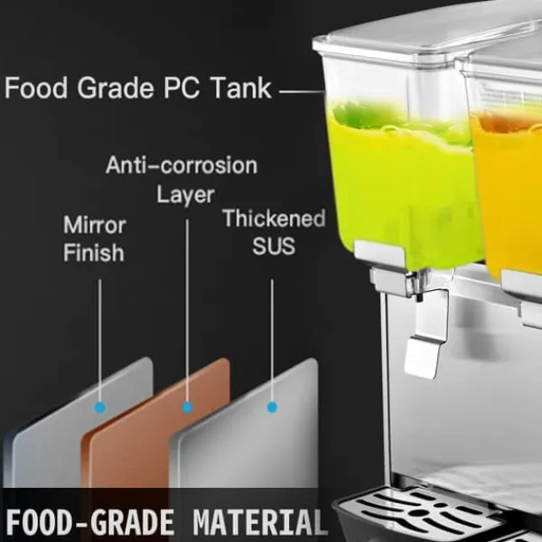Drikkevareautomater>Kommerciel rustfri ståldispenser til kolde drikke, inkl. 2 tanke til frugtjuice og iste med termostatkontrol.
