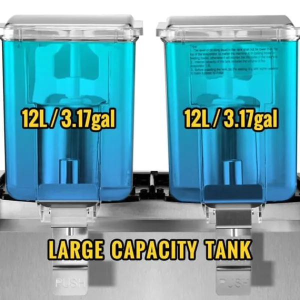 Drikkevareautomater>Kommerciel rustfri ståldispenser til kolde drikke, inkl. 2 tanke til frugtjuice og iste med termostatkontrol.