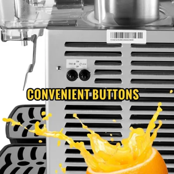 Drikkevareautomater>Kommerciel rustfri ståldispenser til kolde drikke, inkl. 2 tanke til frugtjuice og iste med termostatkontrol.