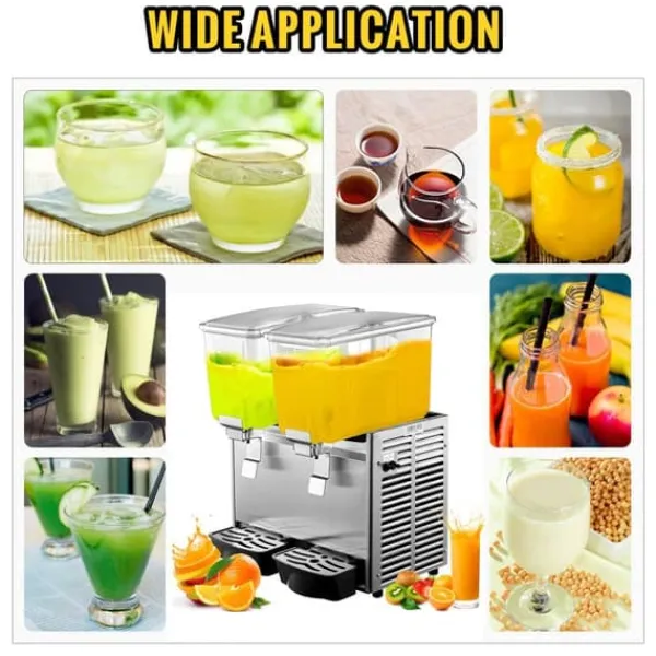 Drikkevareautomater>Kommerciel rustfri ståldispenser til kolde drikke, inkl. 2 tanke til frugtjuice og iste med termostatkontrol.