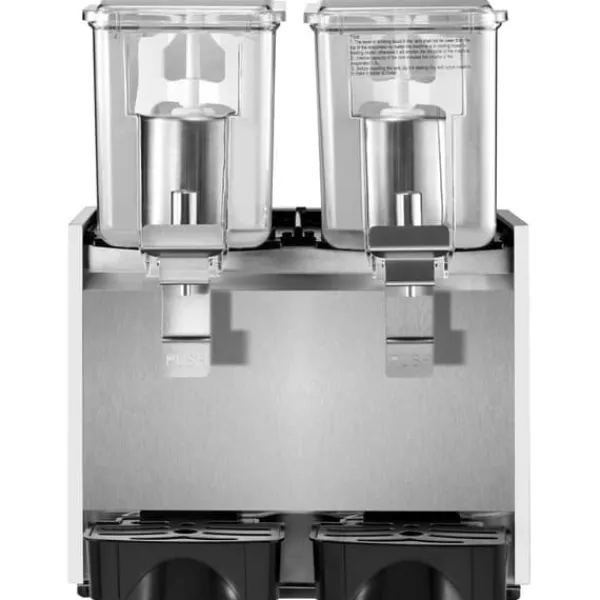 Drikkevareautomater>Kommerciel rustfri ståldispenser til kolde drikke, inkl. 2 tanke til frugtjuice og iste med termostatkontrol.