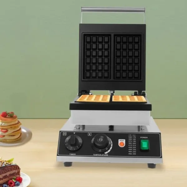 Vaffeljern>Kommerciel Vaffelmaskine - Elektrisk Vaffeljern - Rustfrit Stål - 1500 W - Timer - Firkantede Plader - 2-Pak
