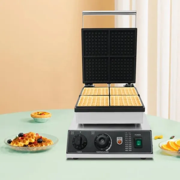 Vaffeljern>Kommercielt vaffeljern, non-stick vaffelbager, 50–300°C temperaturområde og tidskontrol, til caféer og bagerier, sølv