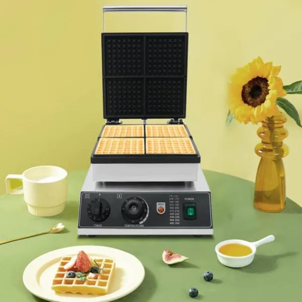 Vaffeljern>Kommercielt vaffeljern, non-stick vaffelbager, 50–300°C temperaturområde og tidskontrol, til caféer og bagerier, sølv