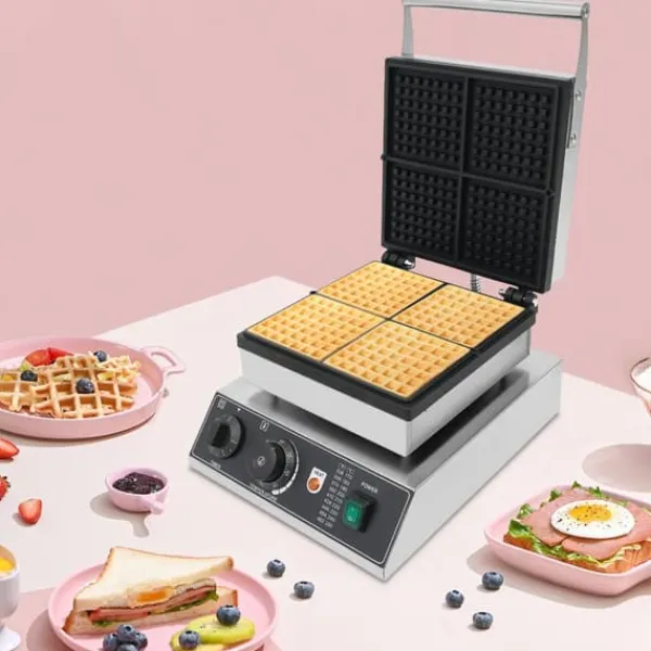 Vaffeljern>Kommercielt vaffeljern, non-stick vaffelbager, 50–300°C temperaturområde og tidskontrol, til caféer og bagerier, sølv