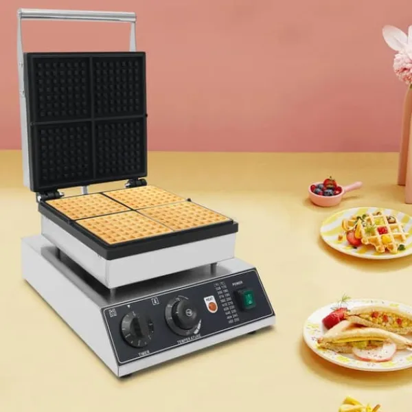 Vaffeljern>Kommercielt vaffeljern, non-stick vaffelbager, 50–300°C temperaturområde og tidskontrol, til caféer og bagerier, sølv