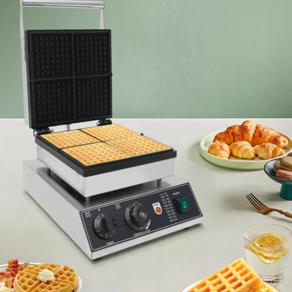Vaffeljern>Kommercielt vaffeljern, non-stick vaffelbager, 50–300°C temperaturområde og tidskontrol, til caféer og bagerier, sølv