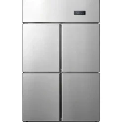 Køleskabe>Kommersielt Reach-in køleskab med 4 døre, 27,5 Cu.Ft side-by-side fryser, rustfrit stål merchandiser og sølv snacks- og drikkevarekøleskab.