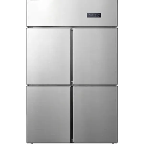 Køleskabe>Kommersielt Reach-in køleskab med 4 døre, 27,5 Cu.Ft side-by-side fryser, rustfrit stål merchandiser og sølv snacks- og drikkevarekøleskab.