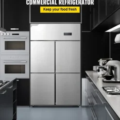 Køleskabe>Kommersielt Reach-in køleskab med 4 døre, 27,5 Cu.Ft side-by-side fryser, rustfrit stål merchandiser og sølv snacks- og drikkevarekøleskab.