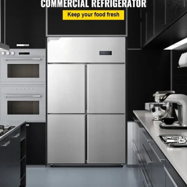 Køleskabe>Kommersielt Reach-in køleskab med 4 døre, 27,5 Cu.Ft side-by-side fryser, rustfrit stål merchandiser og sølv snacks- og drikkevarekøleskab.