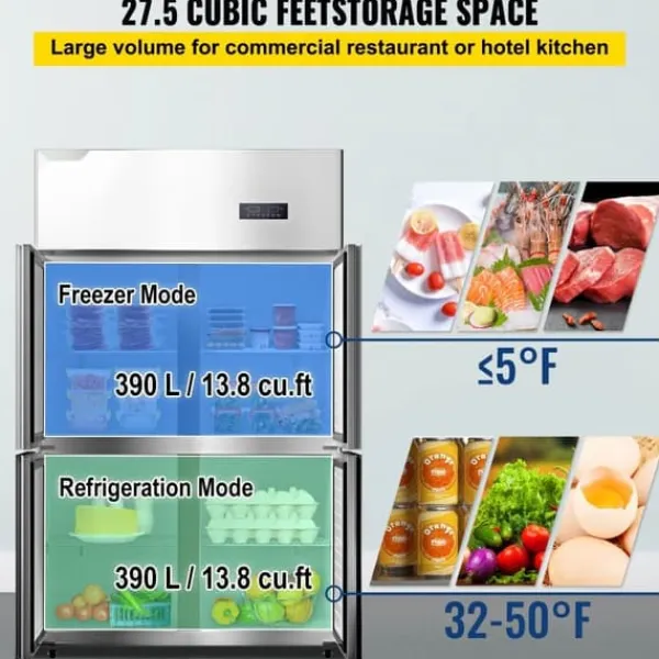 Køleskabe>Kommersielt Reach-in køleskab med 4 døre, 27,5 Cu.Ft side-by-side fryser, rustfrit stål merchandiser og sølv snacks- og drikkevarekøleskab.