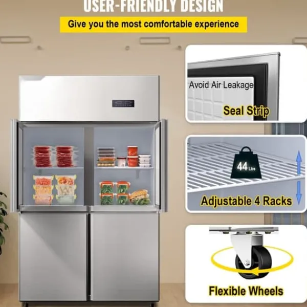 Køleskabe>Kommersielt Reach-in køleskab med 4 døre, 27,5 Cu.Ft side-by-side fryser, rustfrit stål merchandiser og sølv snacks- og drikkevarekøleskab.