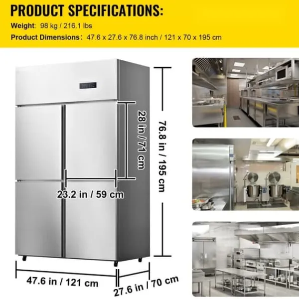 Køleskabe>Kommersielt Reach-in køleskab med 4 døre, 27,5 Cu.Ft side-by-side fryser, rustfrit stål merchandiser og sølv snacks- og drikkevarekøleskab.
