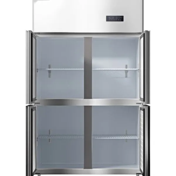 Køleskabe>Kommersielt Reach-in køleskab med 4 døre, 27,5 Cu.Ft side-by-side fryser, rustfrit stål merchandiser og sølv snacks- og drikkevarekøleskab.
