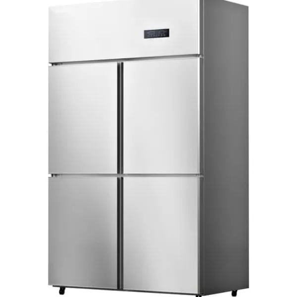 Køleskabe>Kommersielt Reach-in køleskab med 4 døre, 27,5 Cu.Ft side-by-side fryser, rustfrit stål merchandiser og sølv snacks- og drikkevarekøleskab.