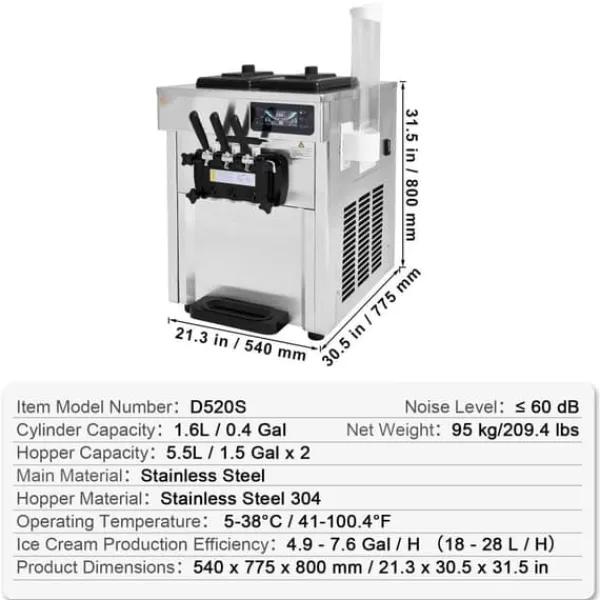Ismaskine>Kommmerciel Soft Serve Ismaskine 18-28 L/H med 3 smagsmuligheder. Perfekt til cafeer og isbarer.