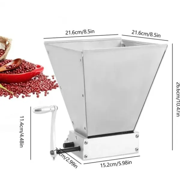 Kornkværn - Hånddrevet 2‑vals - Rustfrit stål - Justerbar formaling (2 niveauer) - Stor tragtåbning - Til byg og hvede - Sølv Outlet