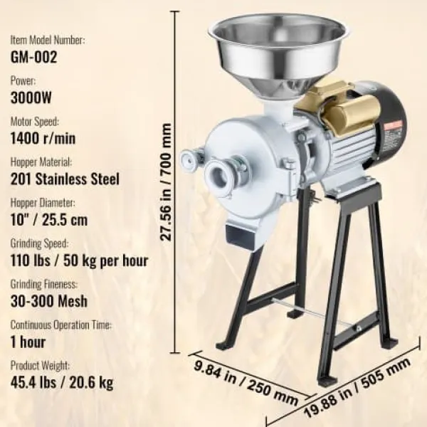 Kornmølle, Elektrisk Kommerciel Grinder 3000W, 50,5x25x70 cm, rustfrit stål Outlet