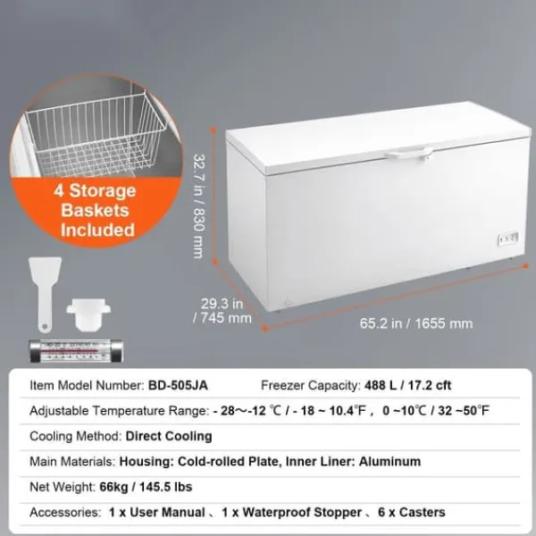 Kummefryser 17,2 ku.ft / 488 L dybfryser med 4 aftagelige kurve, stor kapacitet, energieffektiv Outlet