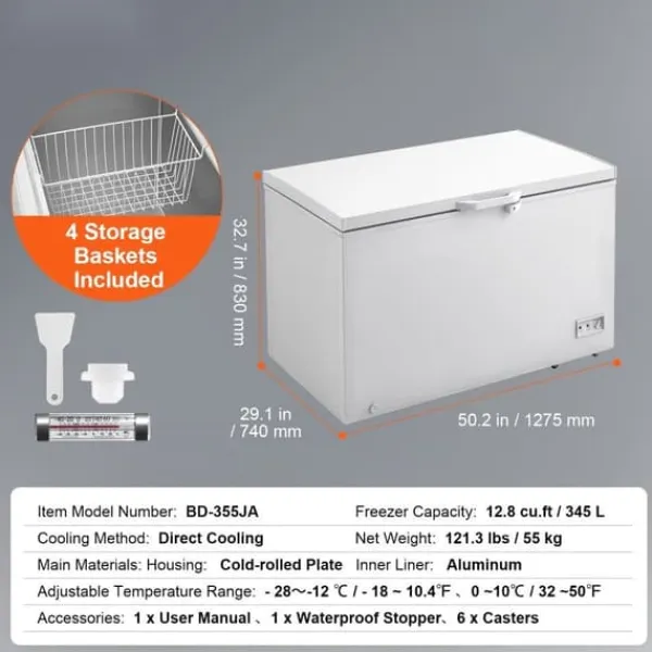 Kummefryser 12,8 ku.ft / 345 L stor dybfryser, 4 aftagelige kurve, energieffektiv, rummelig, holdbar design