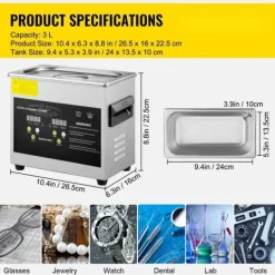 3L Digital Ultrasonisk Renser, Varmefunktion, Timer, Smykker, Glasrengøring New