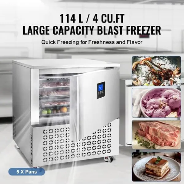 Frysere>114L kommerciel blæstfryser med 5 bakker, quick freeze til skaldyr og gelato, høj kapacitet, effektiv køleteknologi.