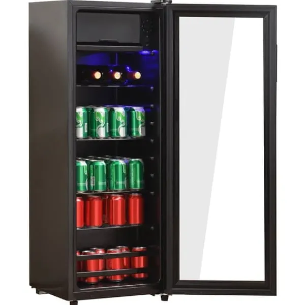 Køleskabe>128L Minikøleskab, 8L fryser + 120L køleskab, til 94 dåser, støjsvag drift, kompressor, LED-lys, justerbare hylder