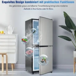 106L minikøleskab, 60L køleskab + 46L fryser, 7 temperaturer, sølvdør, LED-lys, justerbare hylder, 166 kWh/år New