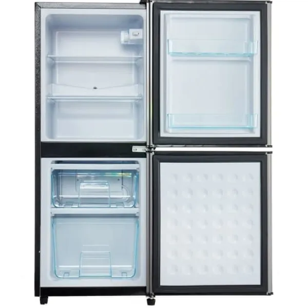 Kombineret Køle- & Fryseskab>106L minikøleskab, 60L køleskab + 46L fryser, 7 temperaturer, sølvdør, LED-lys, justerbare hylder, 166 kWh/år