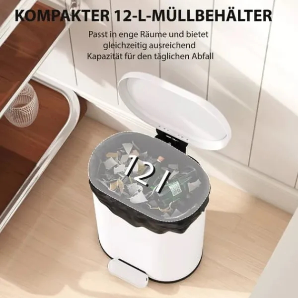 Skraldespande & Papirkurve>12L Skraldespand med pedal, låg, indre spand og soft-close funktion, 30 x 25,5 x 37,5 cm, Hvid
