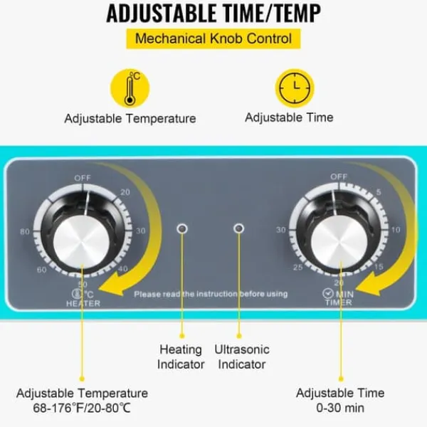 6,5L Ultrasonic Cleaner til smykker, tandproteser og musikinstrumenter. Med varme, timer og knapkontrol for effektiv rengøring. Discount