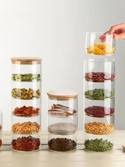 Lagdelte glasopbevaringskrukker til snacks og tørret frugt, salatskål i glas med låg Discount