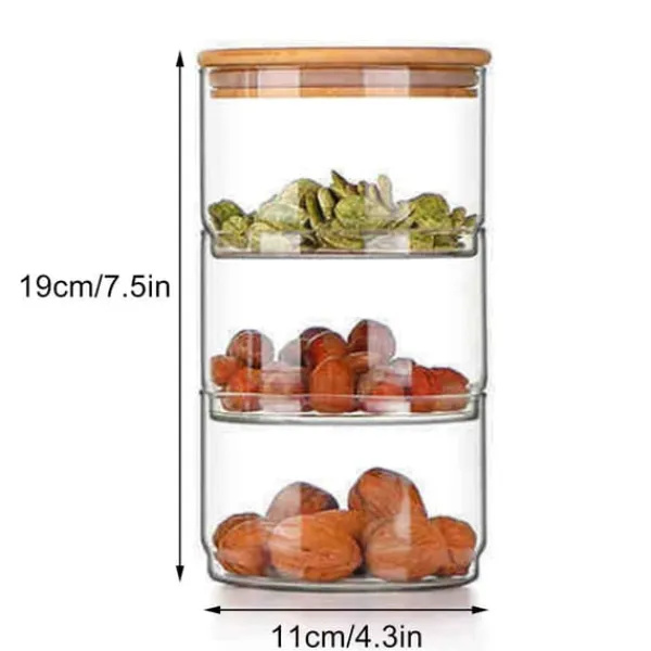Lagdelte glasopbevaringskrukker til snacks og tørret frugt, salatskål i glas med låg Discount