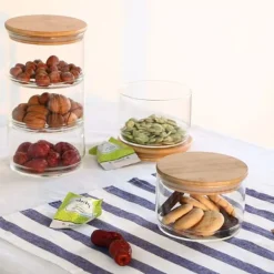 Lagdelte glasopbevaringskrukker til snacks og tørret frugt, salatskål i glas med låg Discount