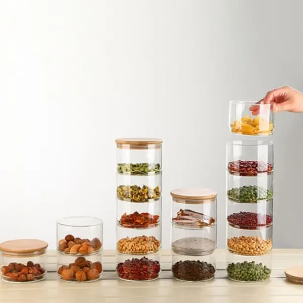 Lagdelte glasopbevaringskrukker til snacks og tørret frugt, salatskål i glas med låg Discount