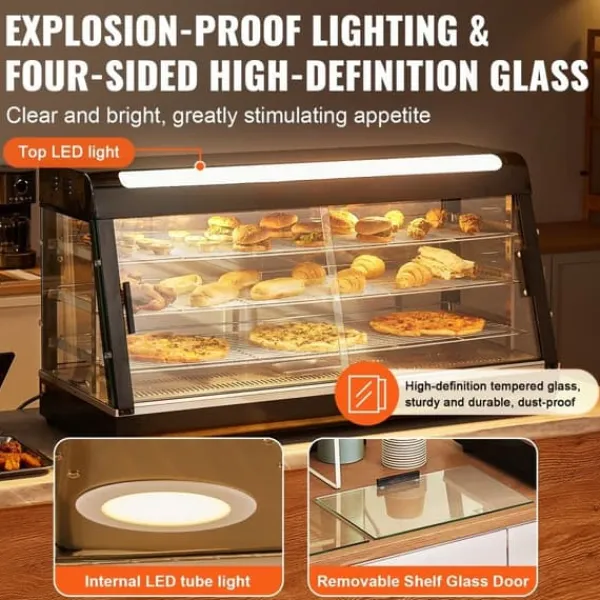 Madopvarmere>3-lags kommercielt madvarmer Display Bordplade pizzaskab med belysning, hurtig opvarmning, energieffektiv