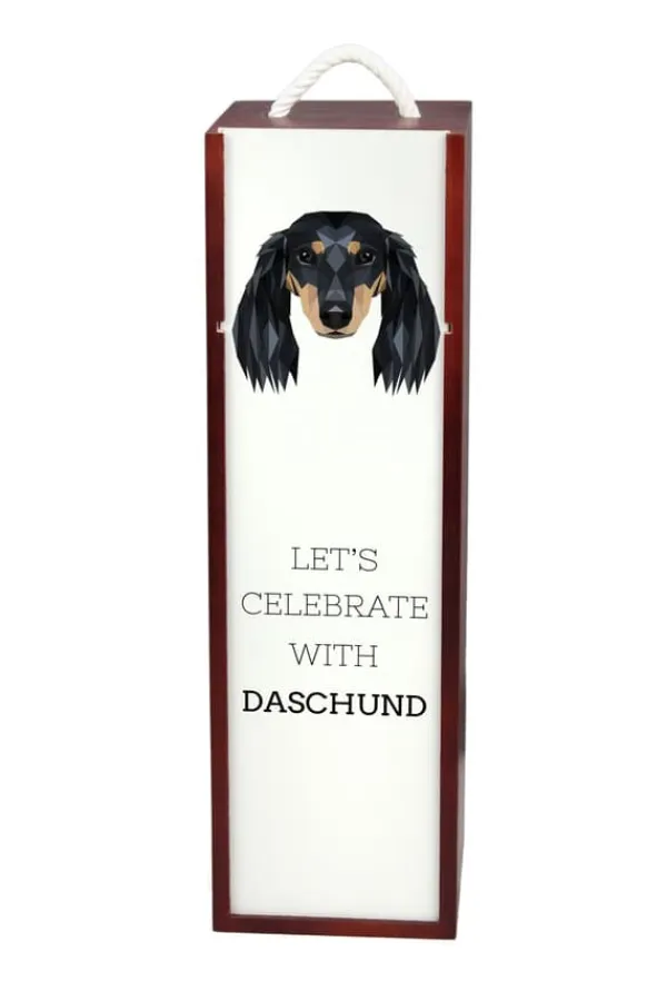 Vinflaskeholdere>Langhåret gravhund - en geometrisk kasse med et foto og en inskription til Art-Dog vin