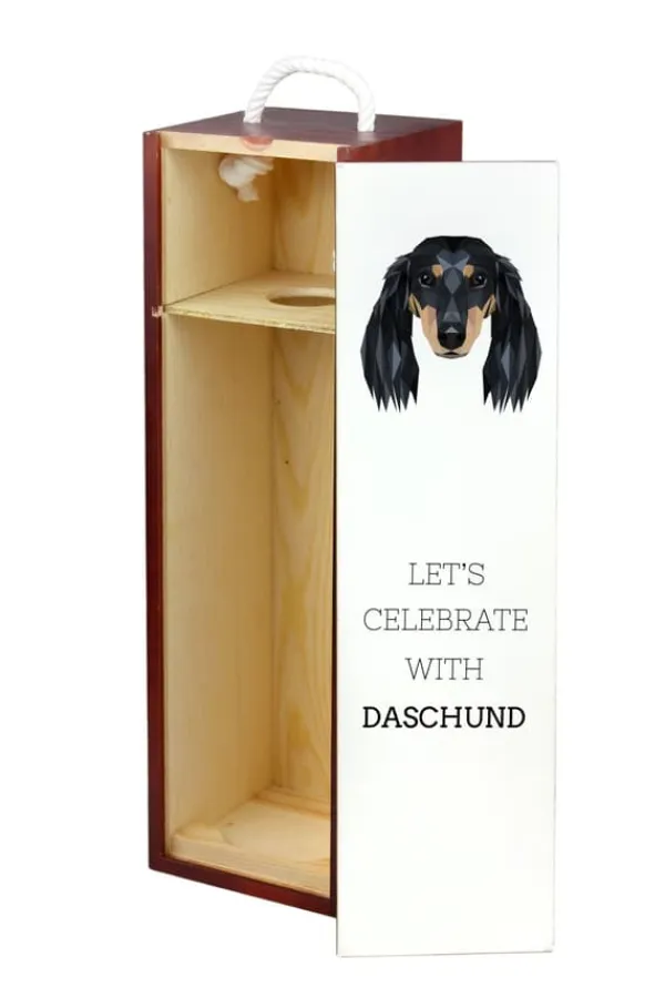 Vinflaskeholdere>Langhåret gravhund - en geometrisk kasse med et foto og en inskription til Art-Dog vin