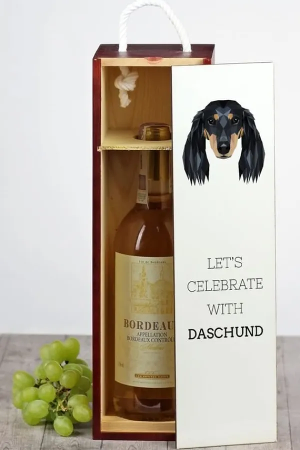 Vinflaskeholdere>Langhåret gravhund - en geometrisk kasse med et foto og en inskription til Art-Dog vin