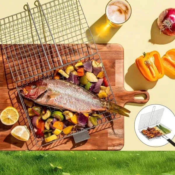 Griller>Lollanda Foldbar Grillkurv 46,5x32 cm, Grillkurv i rustfrit stål – til camping og udendørs, til fisk, grøntsager og kød