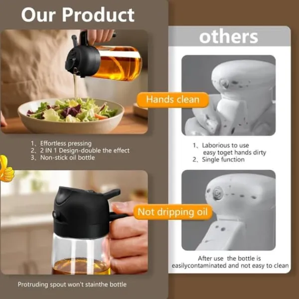 Olie- & Eddikebeholdere>Lollanda 2-i-1 Oliesprayflaske 470 ml - Sprayflaske til olie og eddike, perfekt til madlavning, Airfryer og salat