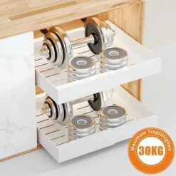 Lollanda Opbevaringshylde i metal til skabe, teleskopskuffe, udtræk, køkkenskab, justerbar bredde uden boring, mål 32–52 x 42 x 7,5 cm Discount
